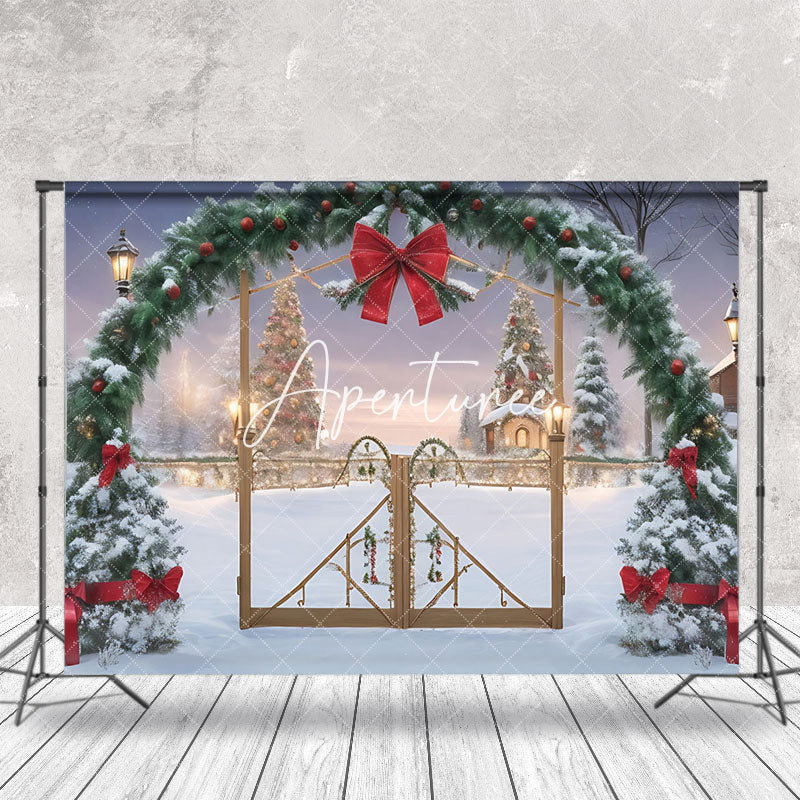 Aperturee - Snow Scene Arch Pine Leaf Red Bow Christmas Backdrop