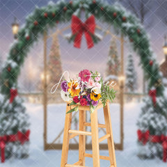 Aperturee - Snow Scene Arch Pine Leaf Red Bow Christmas Backdrop