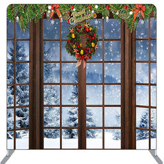 Aperturee - Snow Scene Brown Wood Window Christmas Backdrop Cover