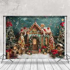 Aperturee - Snow Wooden House Trees Green Christmas Backdrop