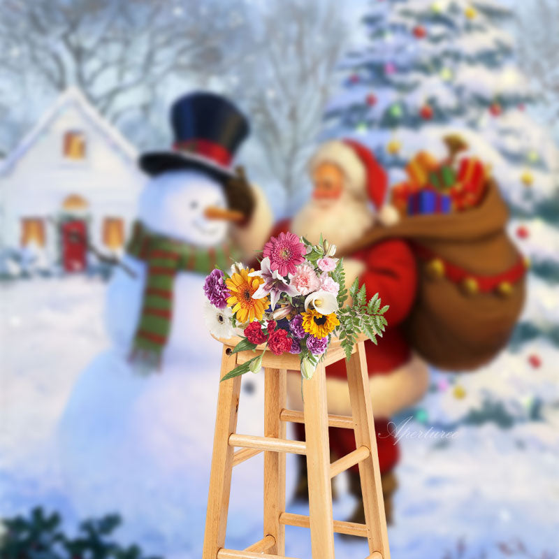 Aperturee - Snowman And Santa Pine Tree Photo Christmas Backdrop