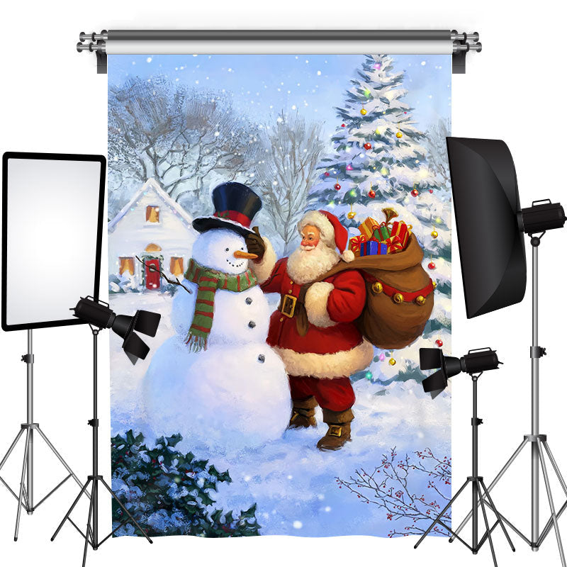 Aperturee - Snowman And Santa Pine Tree Photo Christmas Backdrop