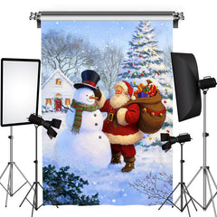 Aperturee - Snowman And Santa Pine Tree Photo Christmas Backdrop