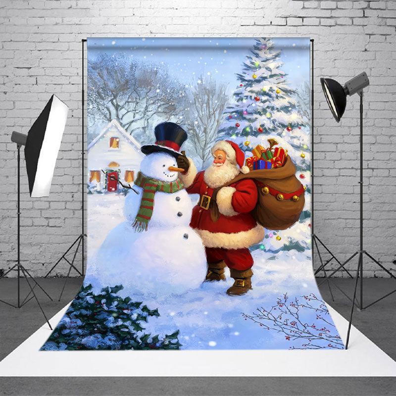 Aperturee - Snowman And Santa Pine Tree Photo Christmas Backdrop