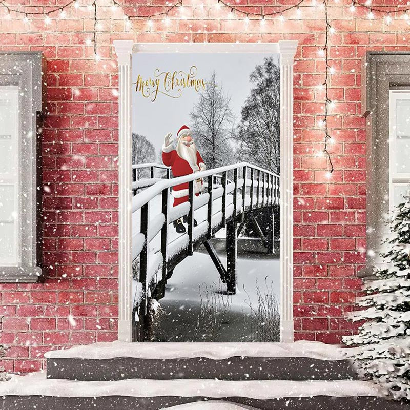 Aperturee - Snowy Bridge Santa Claus Merry Christmas Door Cover