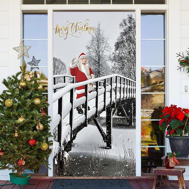 Aperturee - Snowy Bridge Santa Claus Merry Christmas Door Cover