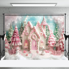 Aperturee - Snowy Candy House Trees Christmas Photo Backdrop