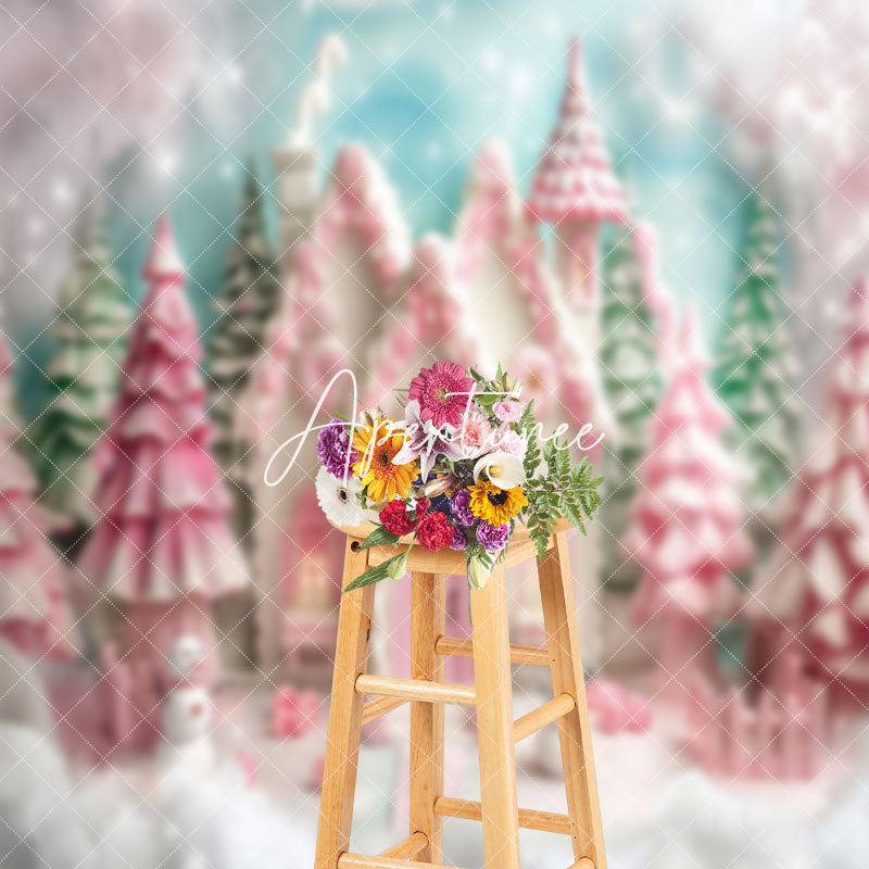 Aperturee - Snowy Candy House Trees Christmas Photo Backdrop