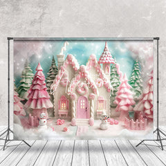 Aperturee - Snowy Candy House Trees Christmas Photo Backdrop