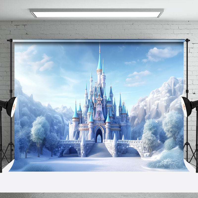 Aperturee - Snowy Castle Mountains Winter Cake Smash Backdrop