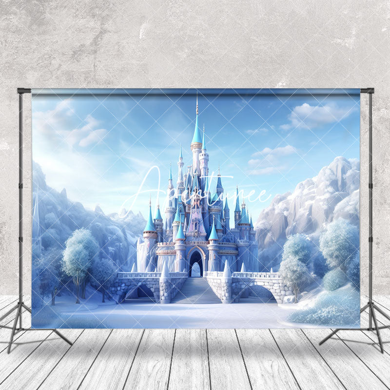 Aperturee - Snowy Castle Mountains Winter Cake Smash Backdrop