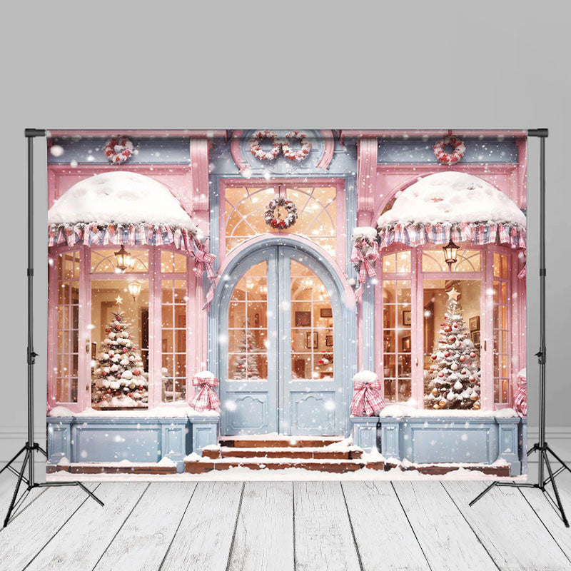 Aperturee - Snowy Christmas Tree Pink Store House Photo Backdrop