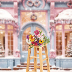 Aperturee - Snowy Christmas Tree Pink Store House Photo Backdrop