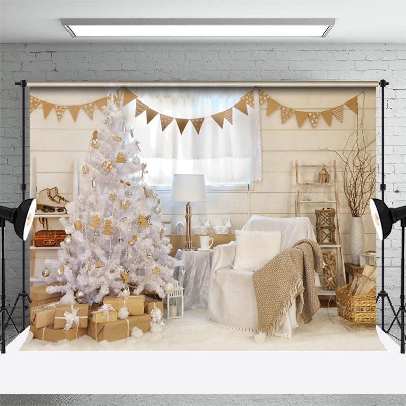 Aperturee - Snowy Christmas Tree Sofa Curtain Beige Wall Backdrop