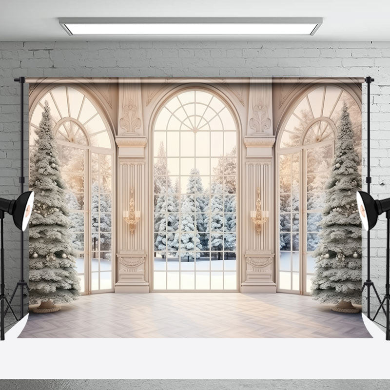 Aperturee - Snowy Christmas Tree Winter Window Photo Backdrop