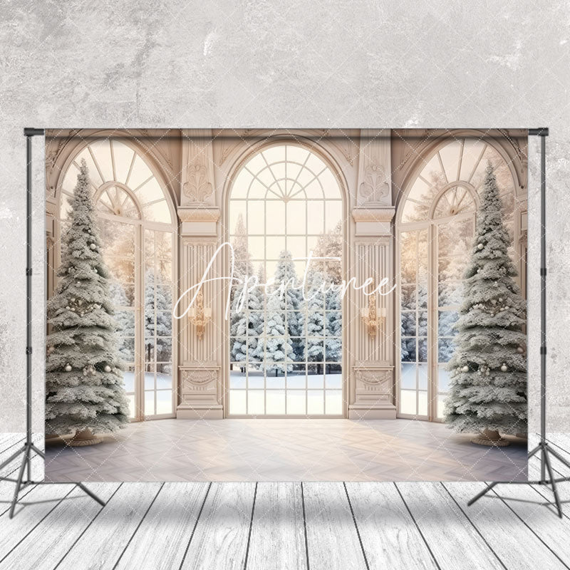 Aperturee - Snowy Christmas Tree Winter Window Photo Backdrop