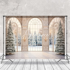 Aperturee - Snowy Christmas Tree Winter Window Photo Backdrop