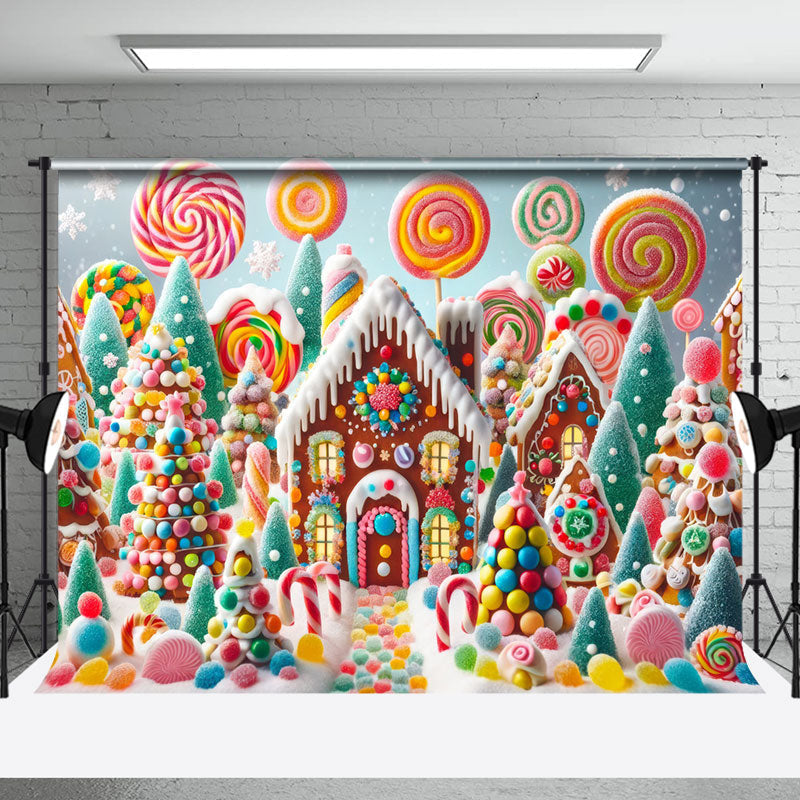 Aperturee - Snowy Colorful Candyland House Christmas Backdrop