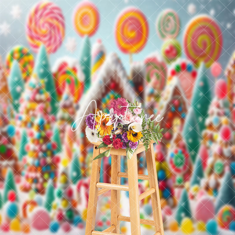 Aperturee - Snowy Colorful Candyland House Christmas Backdrop