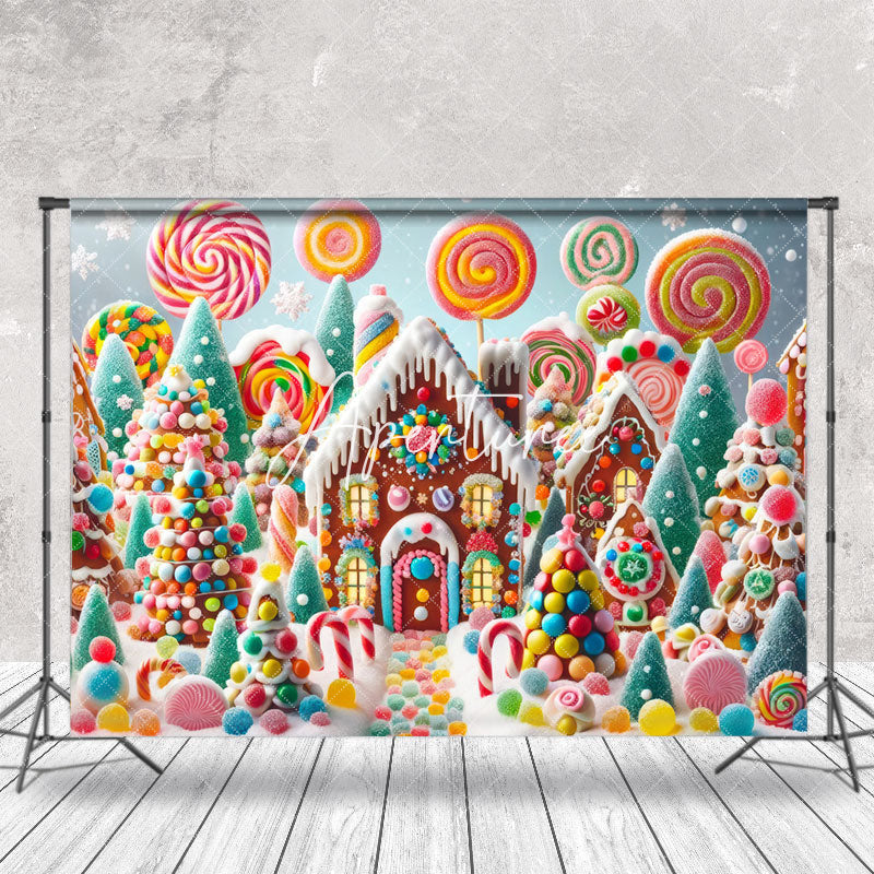 Aperturee - Snowy Colorful Candyland House Christmas Backdrop