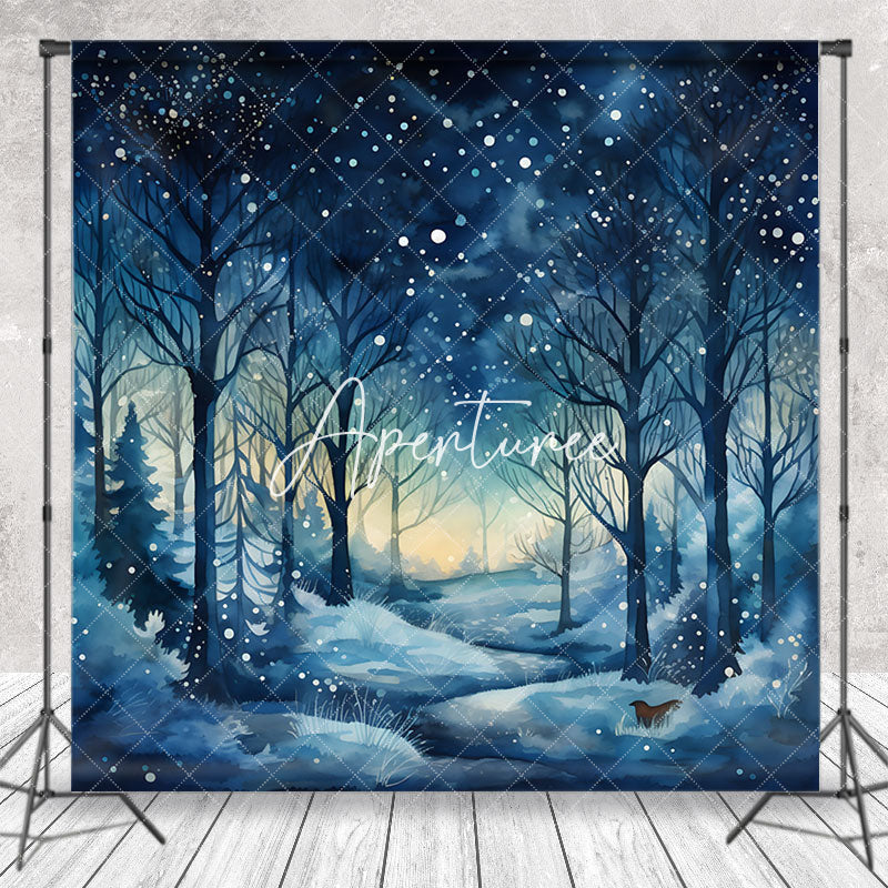 Aperturee - Snowy Dark Night Trees Forest Photography Backdrop