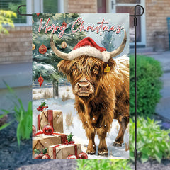 Aperturee - Snowy Field Trees Cow Merry Christmas Garden Flag