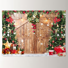 Aperturee - Snowy Glitter Door With Christmas Tree Backdrop