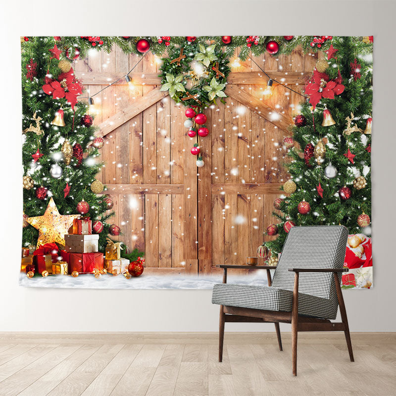 Aperturee - Snowy Glitter Door With Christmas Tree Backdrop