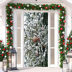 Aperturee - Snowy Green Leaves Winter Merry Christmas Door Cover