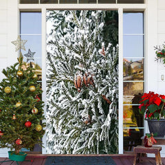 Aperturee - Snowy Green Leaves Winter Merry Christmas Door Cover