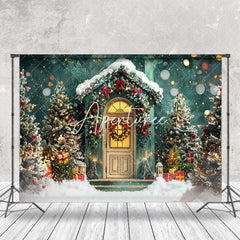 Aperturee - Snowy Green Wall Gift Trees Christmas Photo Backdrop