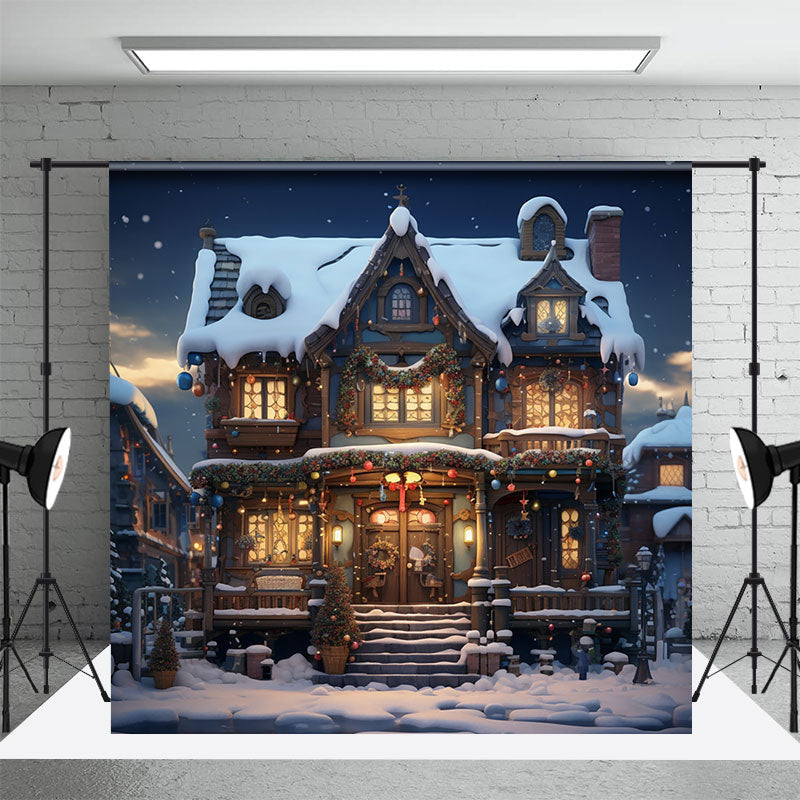 Aperturee - Snowy House Dark Night Winter Christmas Backdrop