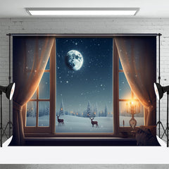 Aperturee - Snowy Night Moon Reindeer Window Christmas Backdrop