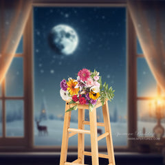 Aperturee - Snowy Night Moon Reindeer Window Christmas Backdrop