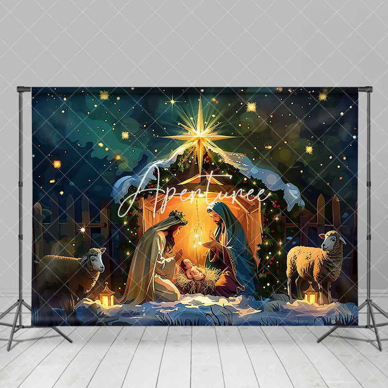 Aperturee - Snowy Night Shed Nativity Merry Christmas Backdrop