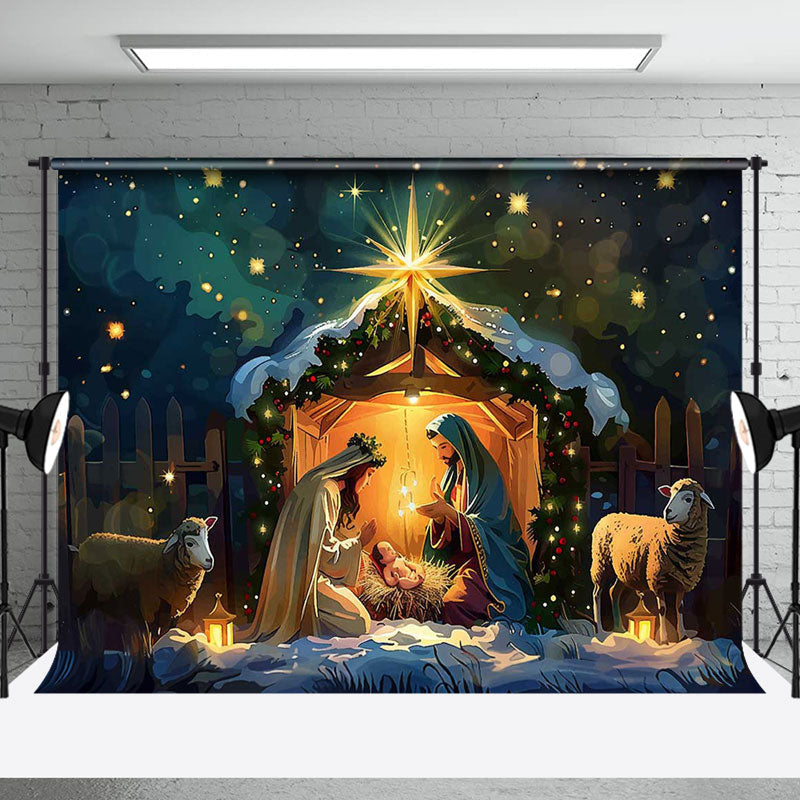 Aperturee - Snowy Night Shed Nativity Merry Christmas Backdrop