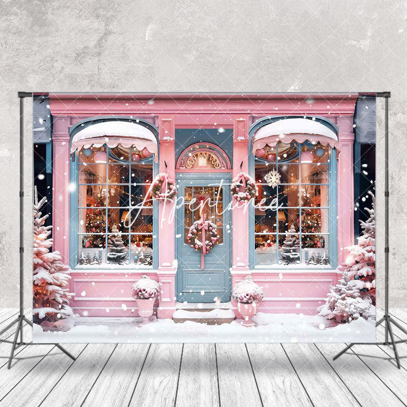 Aperturee - Snowy Pink Blue House Tree Winter Christmas Backdrop