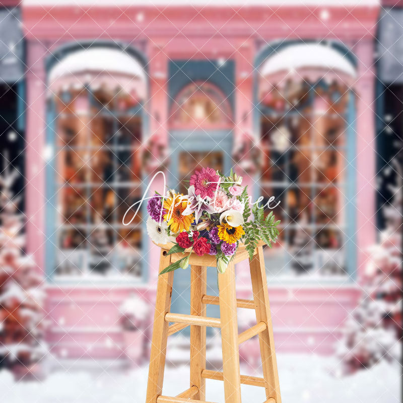 Aperturee - Snowy Pink Blue House Tree Winter Christmas Backdrop