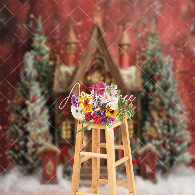 Aperturee - Snowy Red Brown House Trees Christmas Photo Backdrop