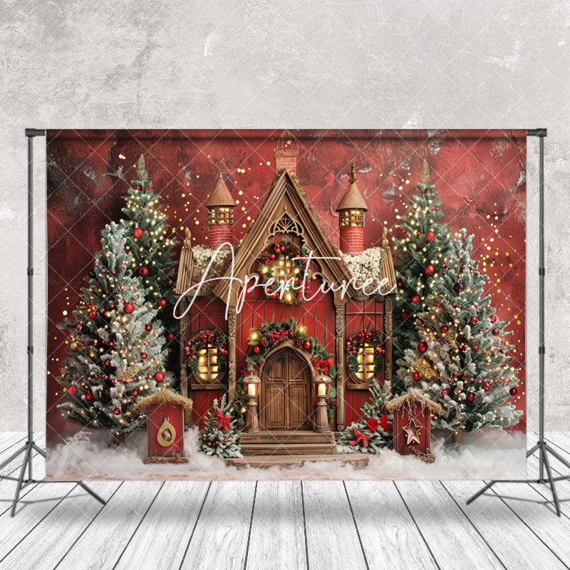 Aperturee - Snowy Red Brown House Trees Christmas Photo Backdrop