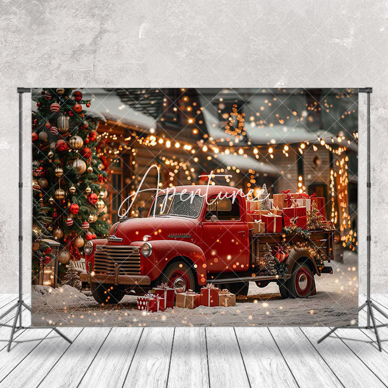 Aperturee - Snowy Red Car Trees Bokeh Light Christmas Backdrop