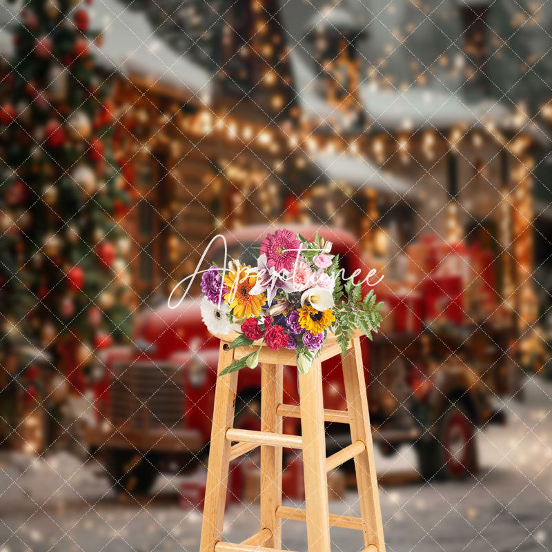 Aperturee - Snowy Red Car Trees Bokeh Light Christmas Backdrop