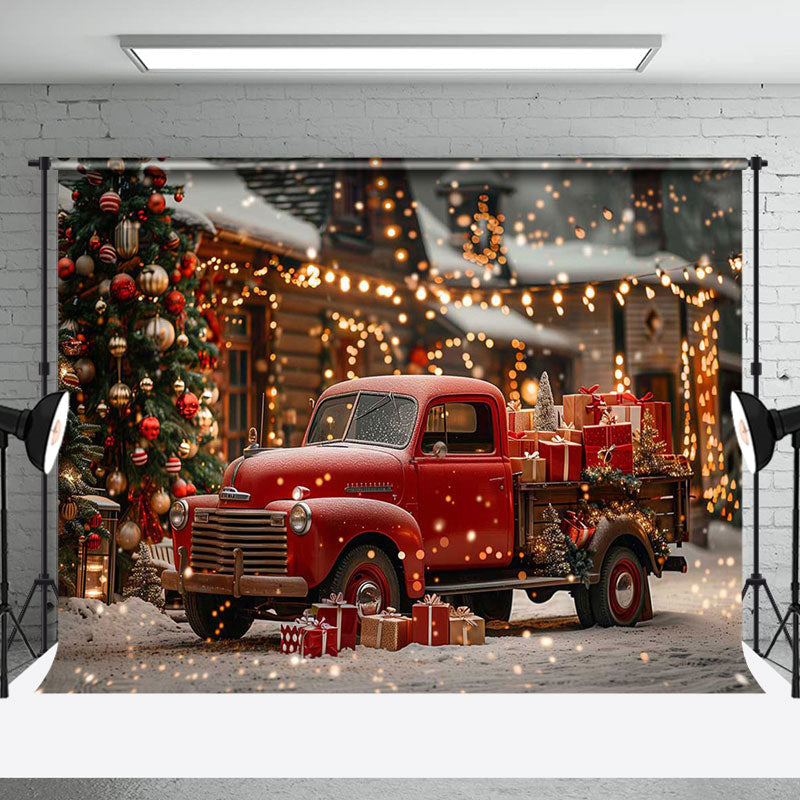 Aperturee - Snowy Red Car Trees Bokeh Light Christmas Backdrop