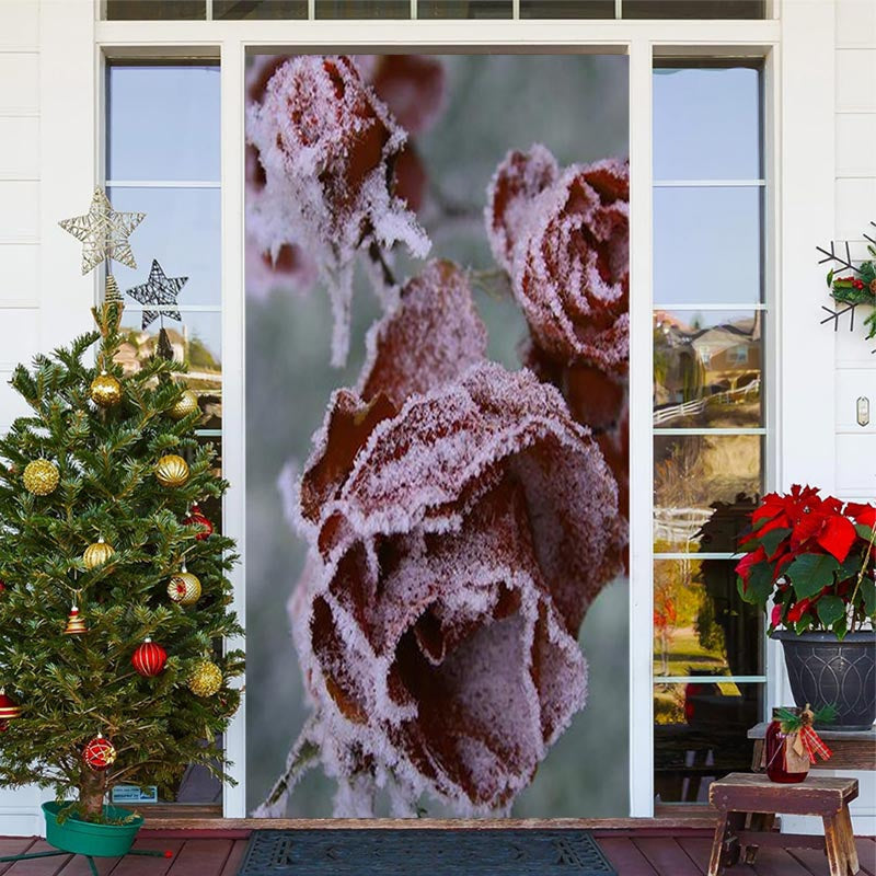 Aperturee - Snowy Red Rose Plant Merry Christmas Door Cover