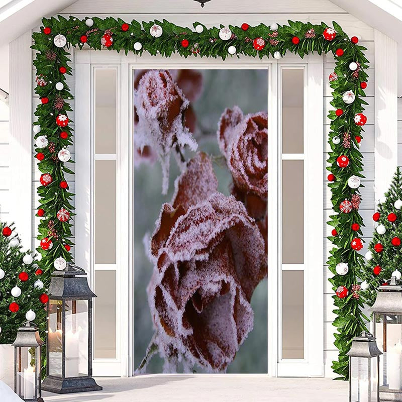 Aperturee - Snowy Red Rose Plant Merry Christmas Door Cover