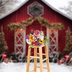 Aperturee - Snowy Red Wood House Wreath Light Christmas Backdrop