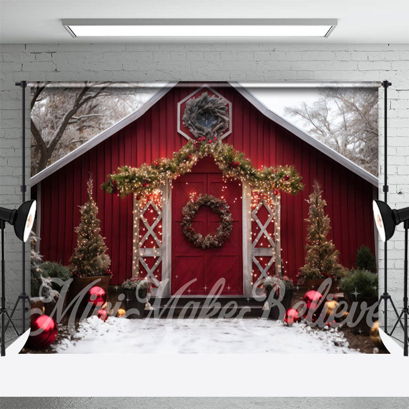 Aperturee - Snowy Red Wood House Wreath Light Christmas Backdrop