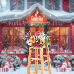 Aperturee - Snowy Red Wooden Candy Shop Grass Christmas Backdrop