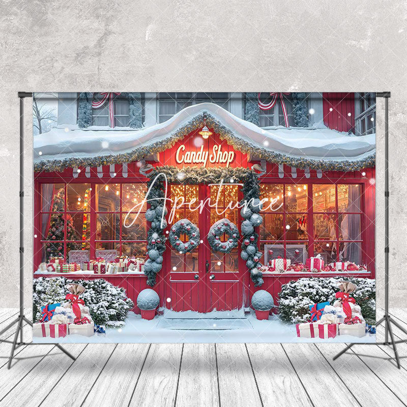 Aperturee - Snowy Red Wooden Candy Shop Grass Christmas Backdrop