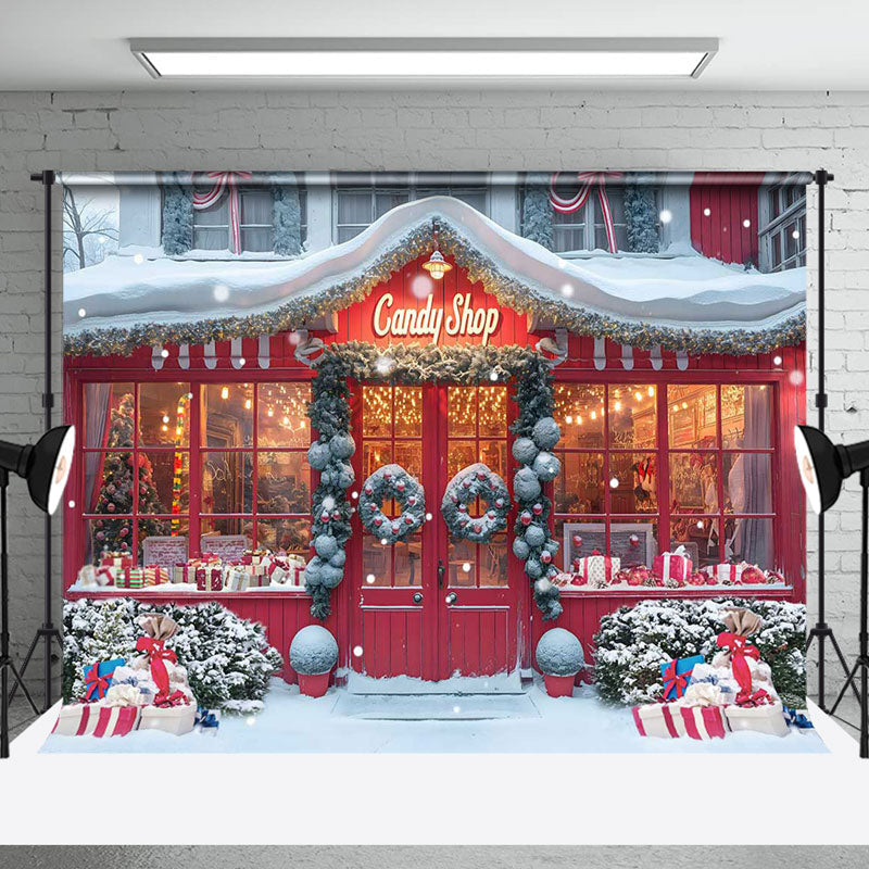 Aperturee - Snowy Red Wooden Candy Shop Grass Christmas Backdrop